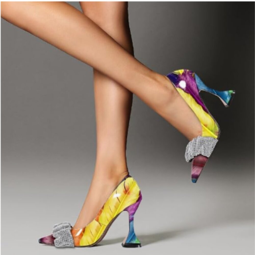 Ydn Colorful Feather Print Pointed Toe Slip On Pu… - image 1